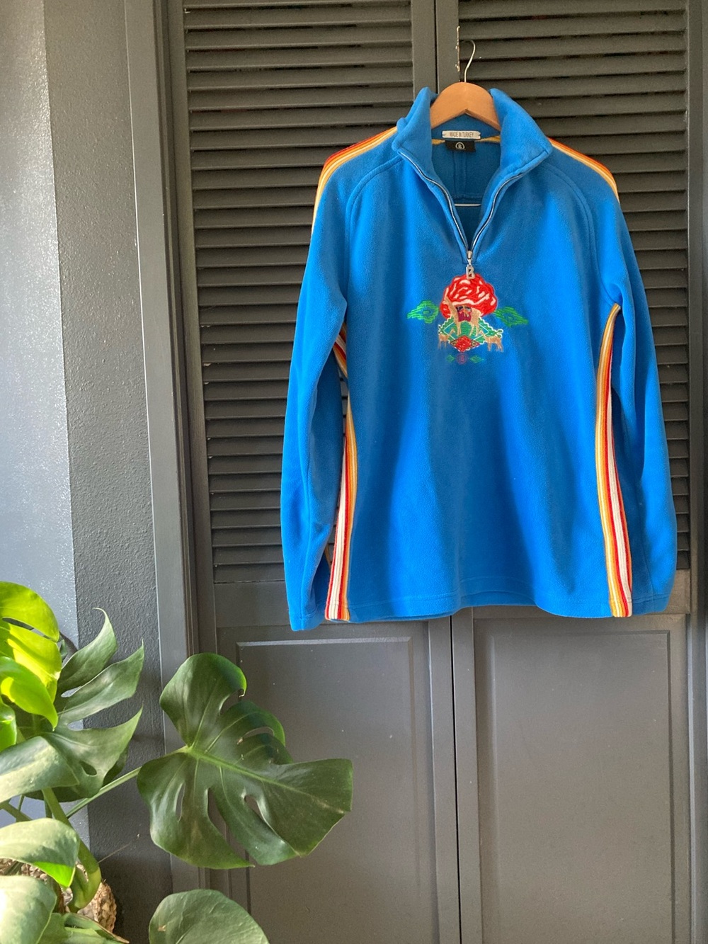 RARE Bogner Half-Zip fleece with Red Floral Embroidery and Multicolor Stripe
